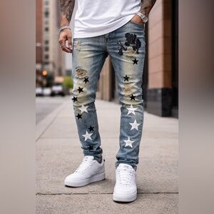 Amiri Skinny Jeans Size 36x31 Distressed With Stars Appliqué Rips Light Wash